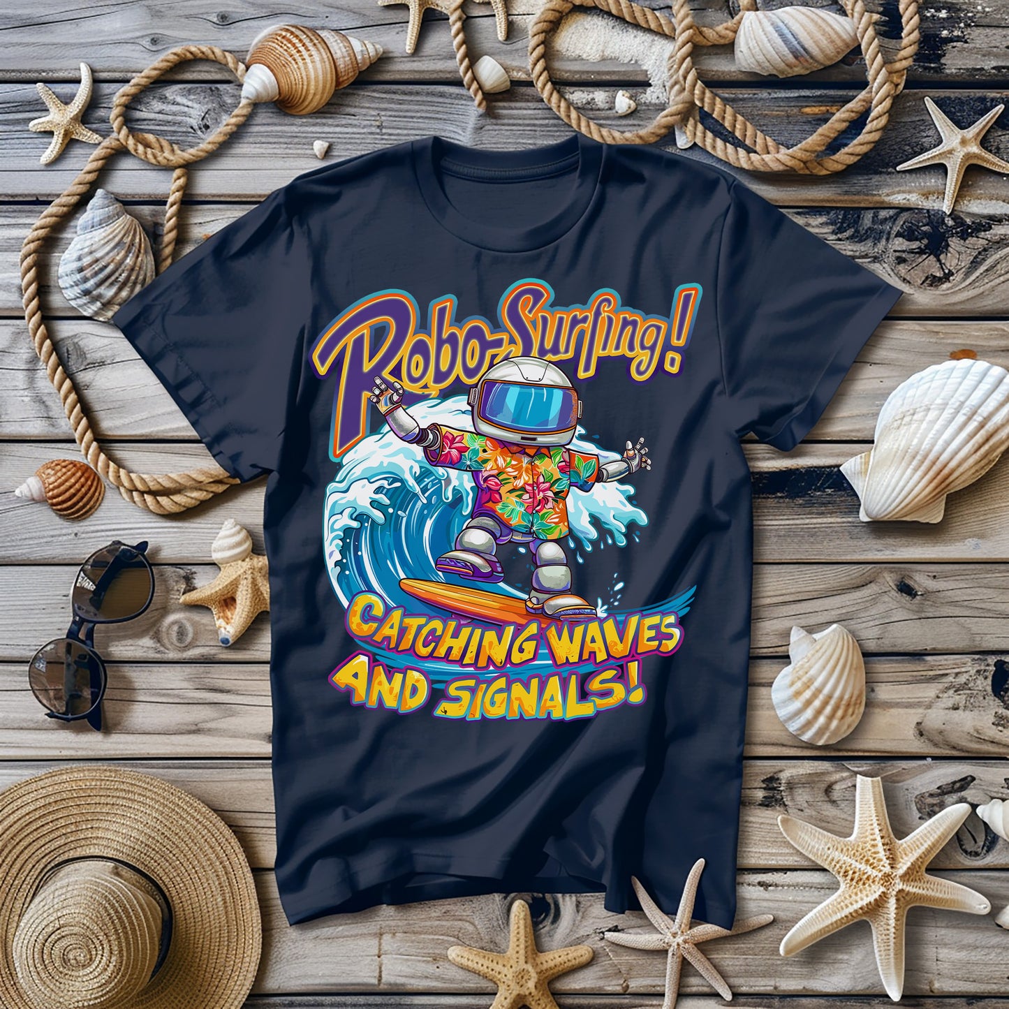 T-Shirt - Robo-Surfing, catching waves and signals!