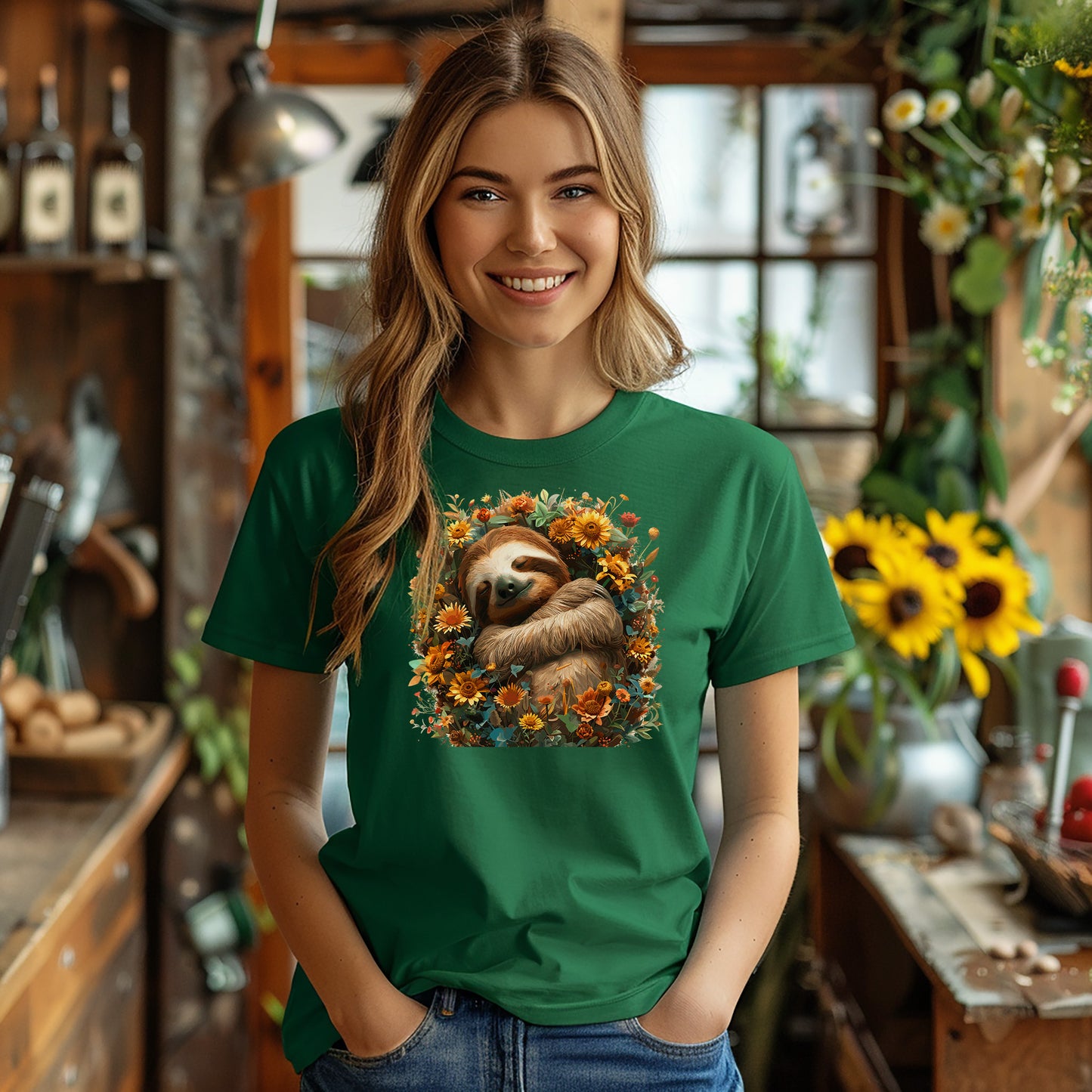 T-Shirt - Sleeping Sloth & Flowers