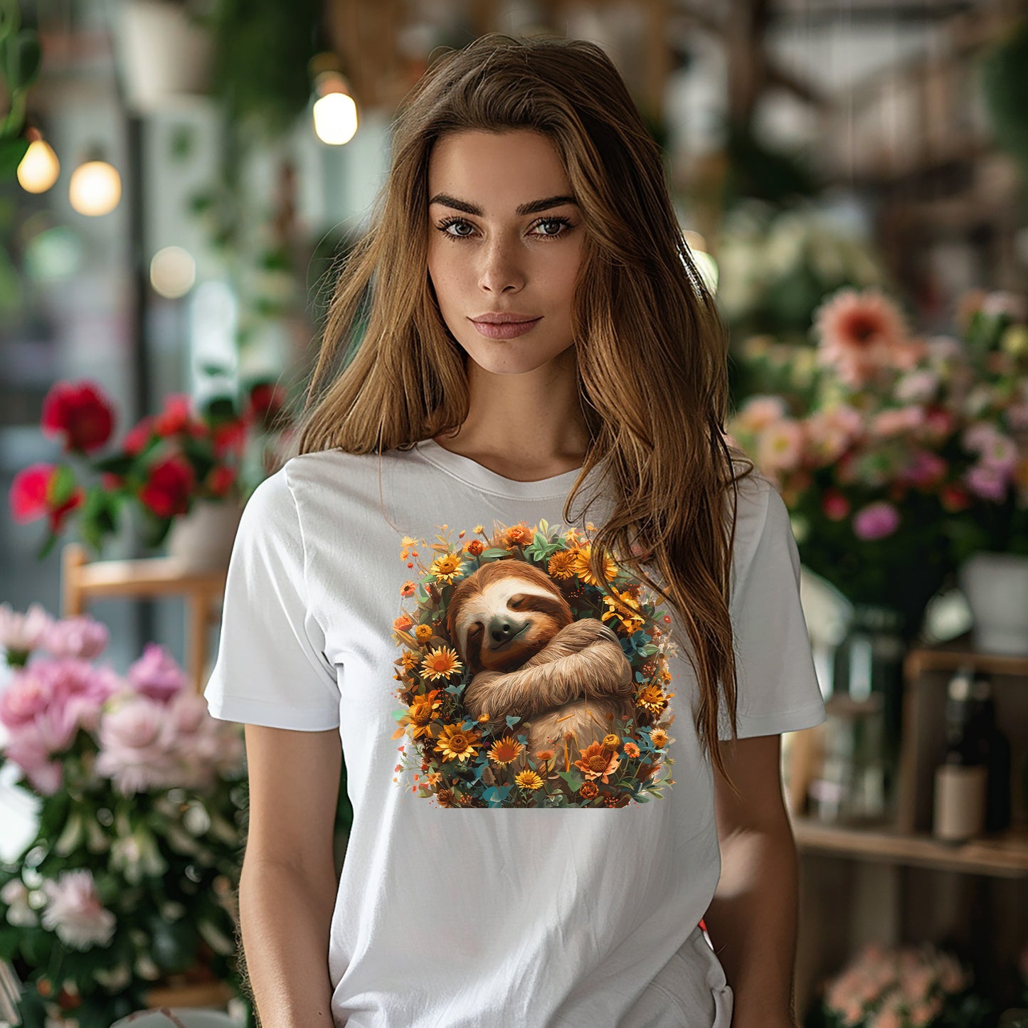 T-Shirt - Sleeping Sloth & Flowers